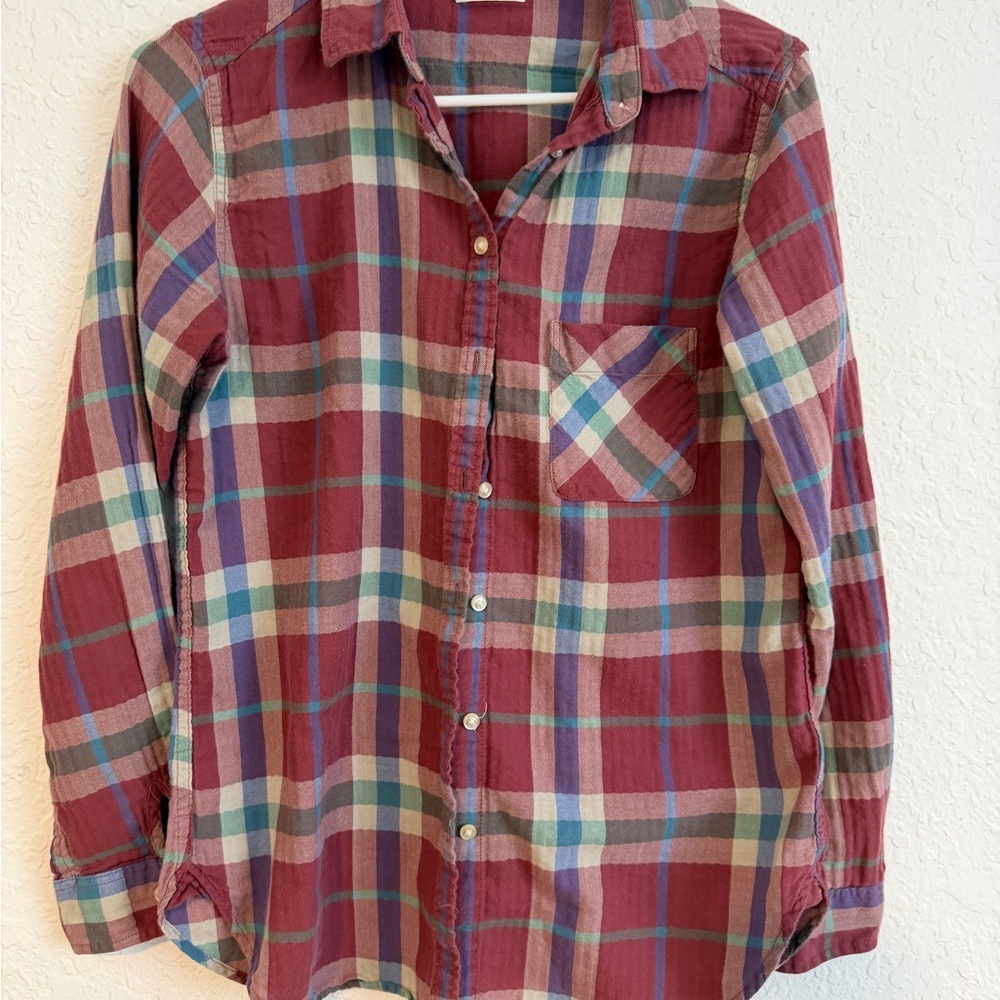 Uniqlo Burgundy and Blue Plaid Button Down Shirt